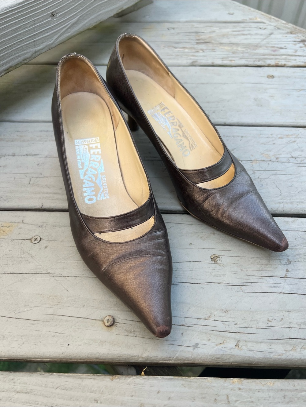 Salvatore Ferragamo Metallic Brown Pointed-Toe Leather Pumps